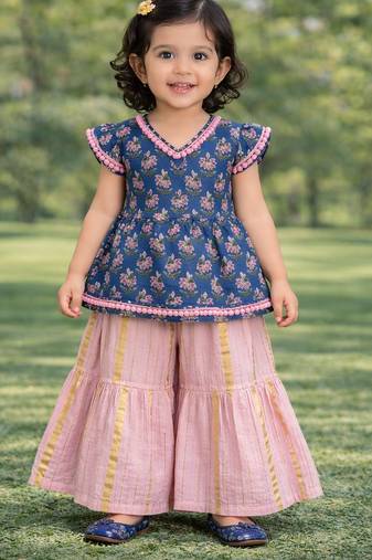baby girl printed kurta palazzo set (ing-bluepink)