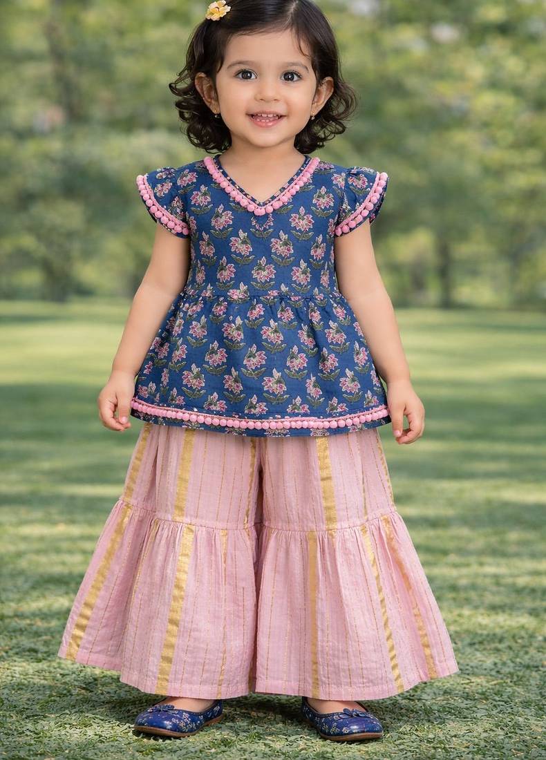 blue cotton baby girl printed kurta palazzo set