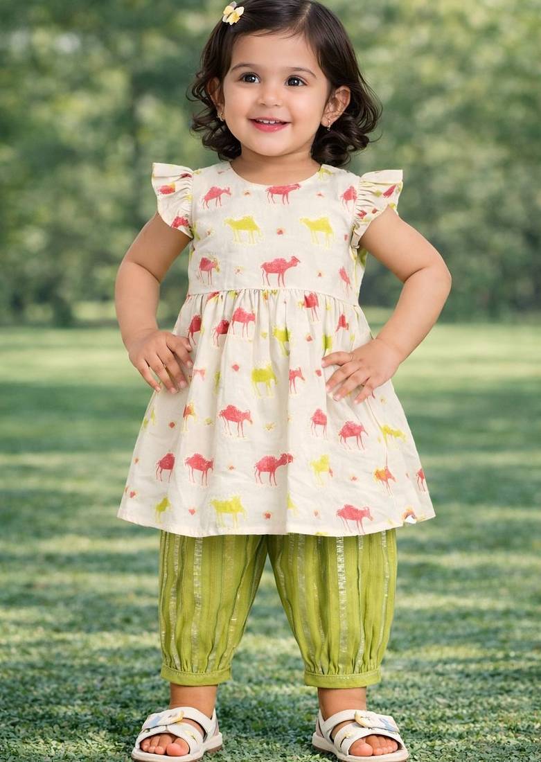 baby girls animal print kurta set (ing-camel)