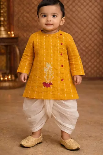 baby boy printed kurta dhoti set (inb-yellowkrishna)