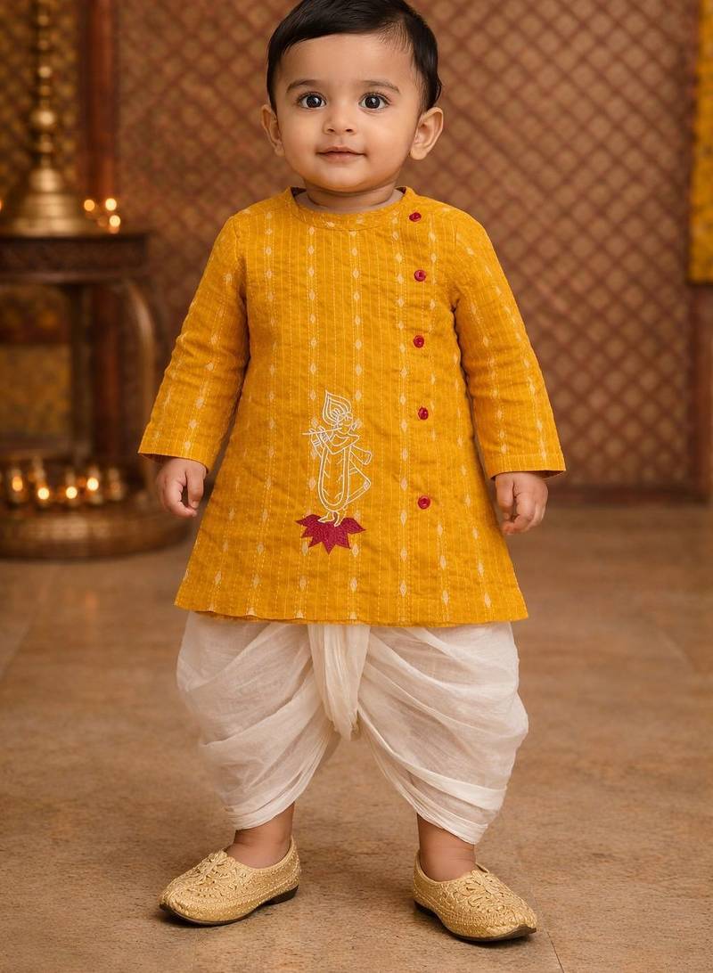 baby boy printed kurta dhoti set (inb-yellowkrishna)