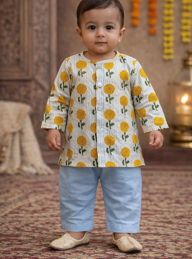 baby boy floral printed kurta pajama set (inb-bluestripes)
