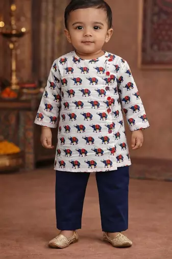 baby boy animal printed kurta pajama set (inb-whitehathi)