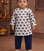 baby boy animal printed kurta pajama set (inb-whitehathi)