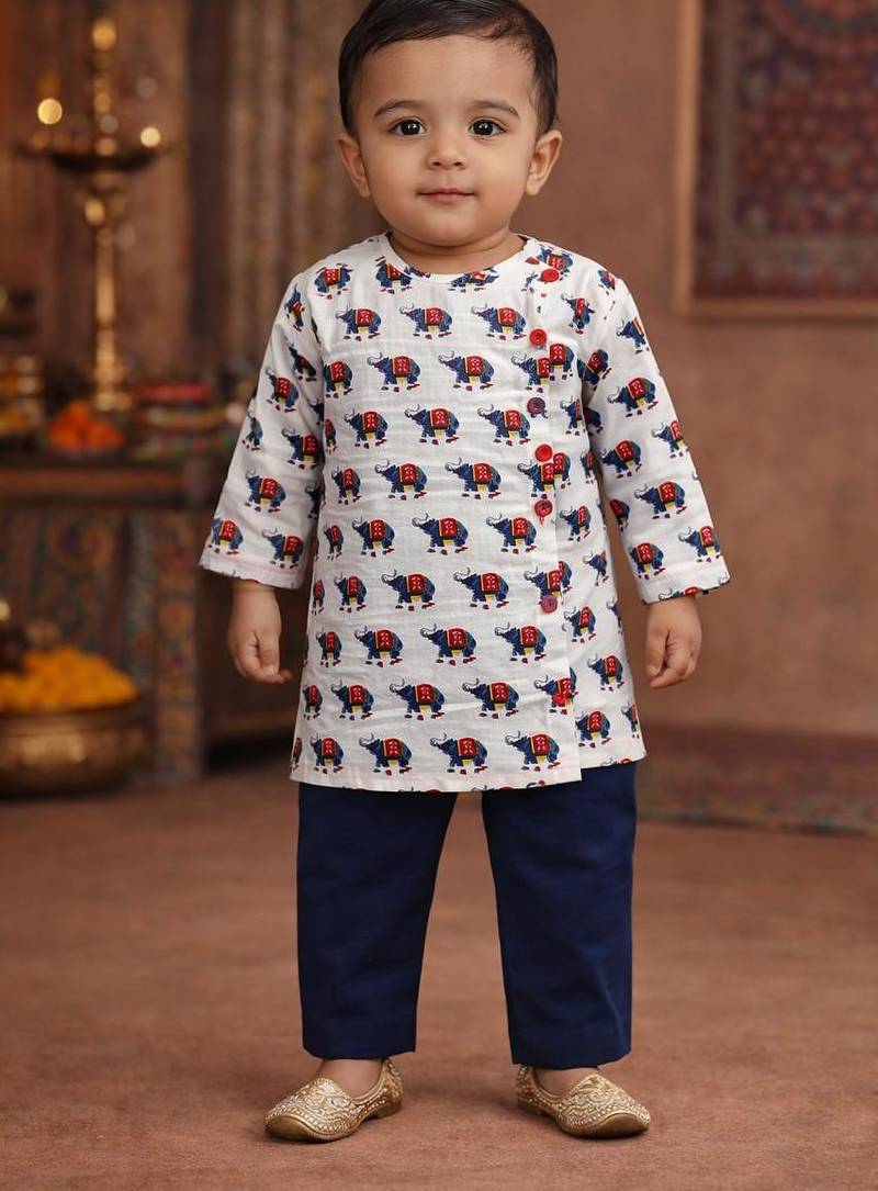 baby boy animal printed kurta pajama set (inb-whitehathi)