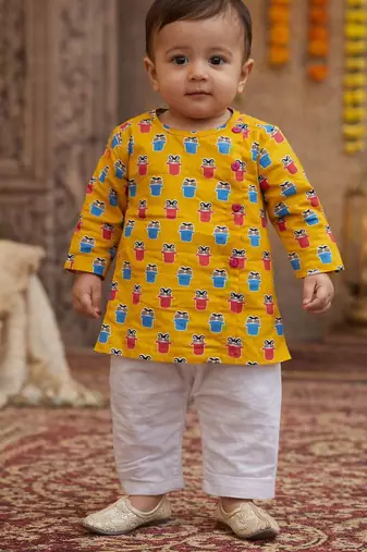 baby boy printed kurta pajama set (inb-yellowmoustache)