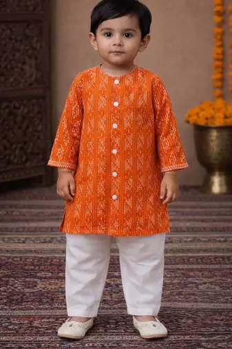 baby boy printed kurta pajama set (inb-orangedobby)