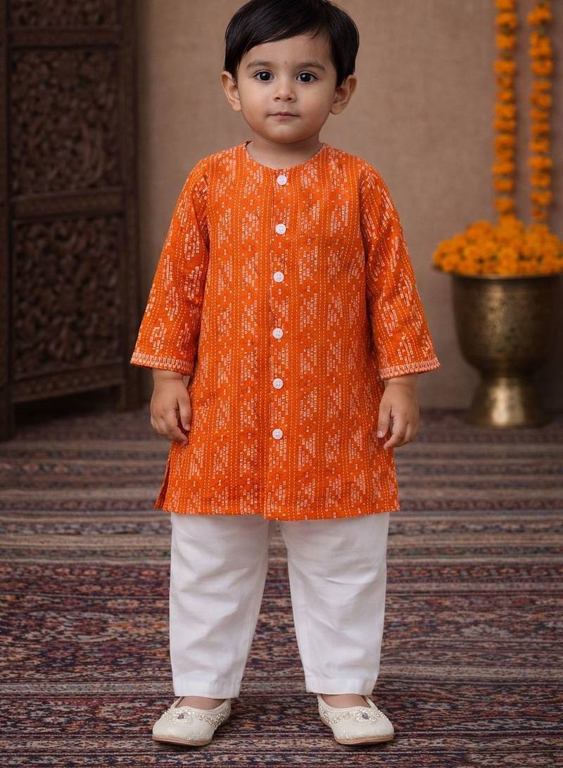 baby boy printed kurta pajama set (inb-orangedobby)