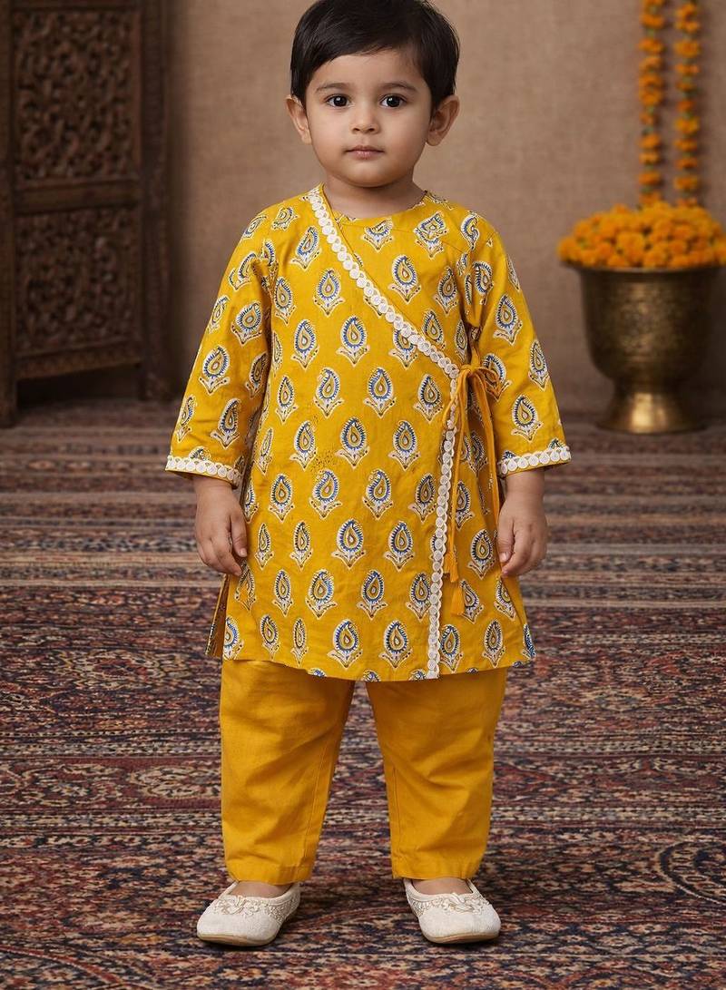baby boy printed kurta pajama set (inb-yellowbooti)