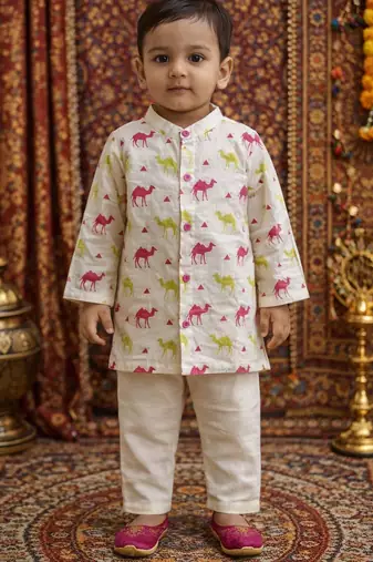 baby boy printed kurta pajama set (inb-camel)