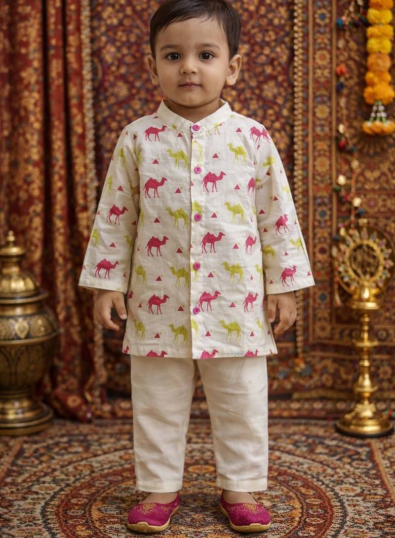 baby boy printed kurta pajama set (inb-camel)