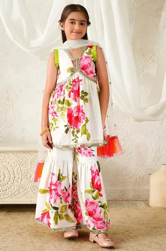 girls kurta & sharara with dupatta (sha-whiteviscos)