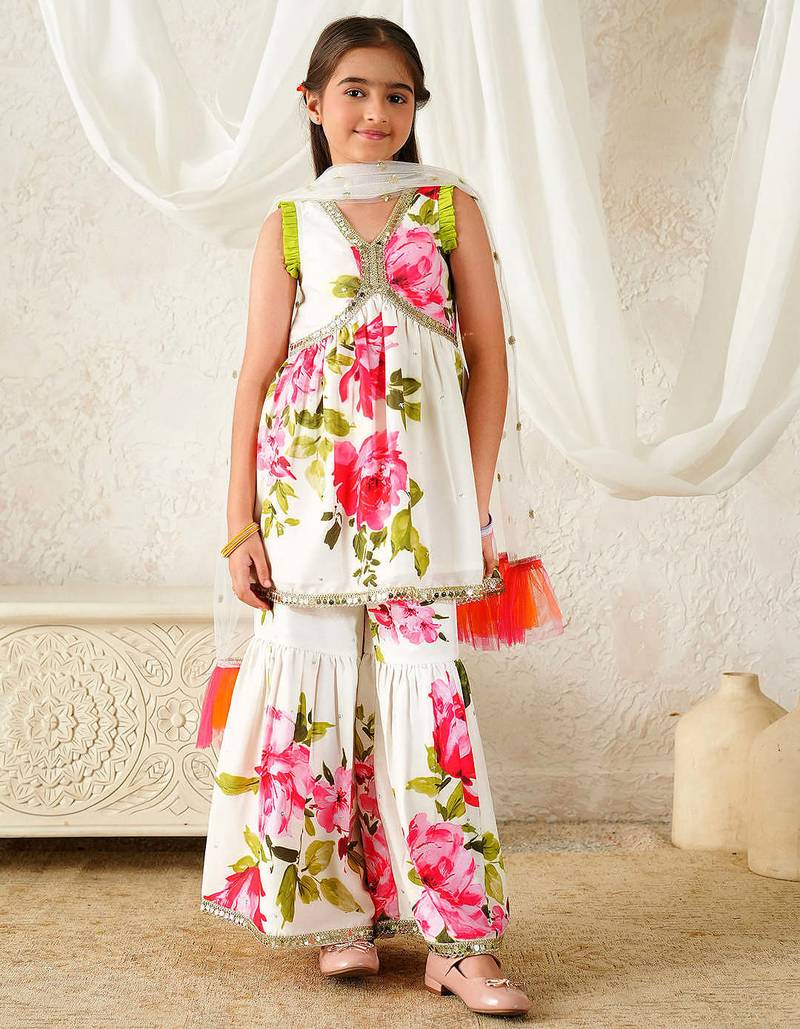 girls kurta & sharara with dupatta (sha-whiteviscos)