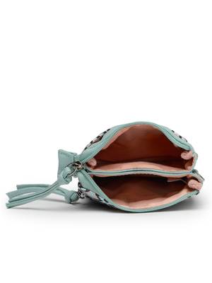 teal canvas sling bag with geometric print 7