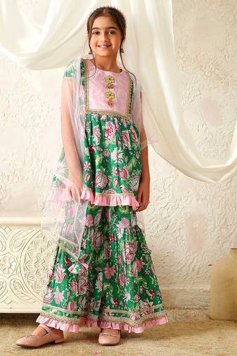 girls kurta & sharara with dupatta (sha-greenlurex)