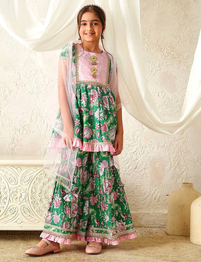 girls kurta & sharara with dupatta (sha-greenlurex)