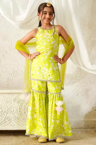 girls kurta & sharara with dupatta (sha-limemuslin)