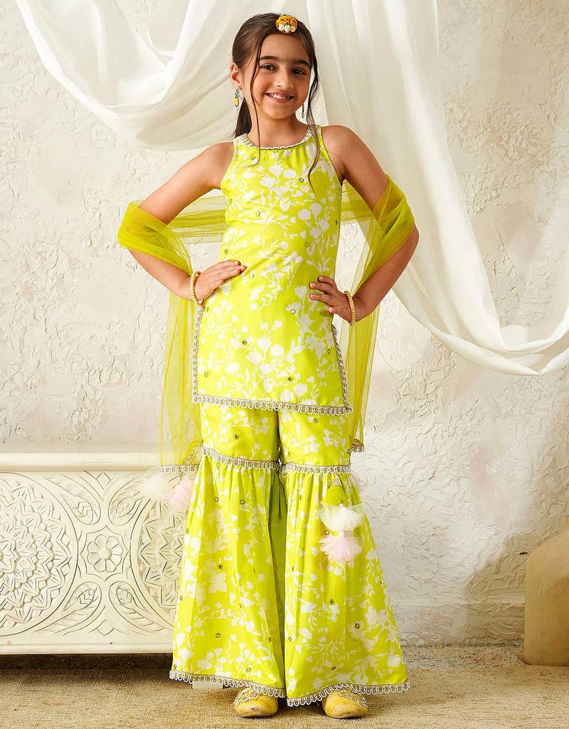 girls kurta & sharara with dupatta (sha-limemuslin)