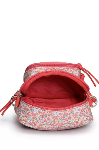 red canvas sling bag with floral print