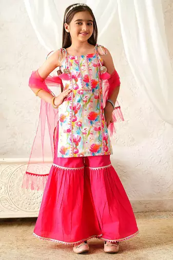 girls kurta & sharara with dupatta (sha-pinkmuslin)
