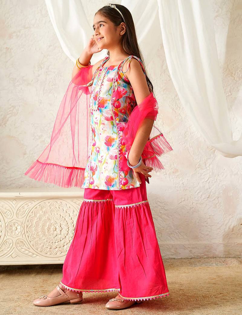 girls kurta & sharara with dupatta (sha-pinkmuslin)