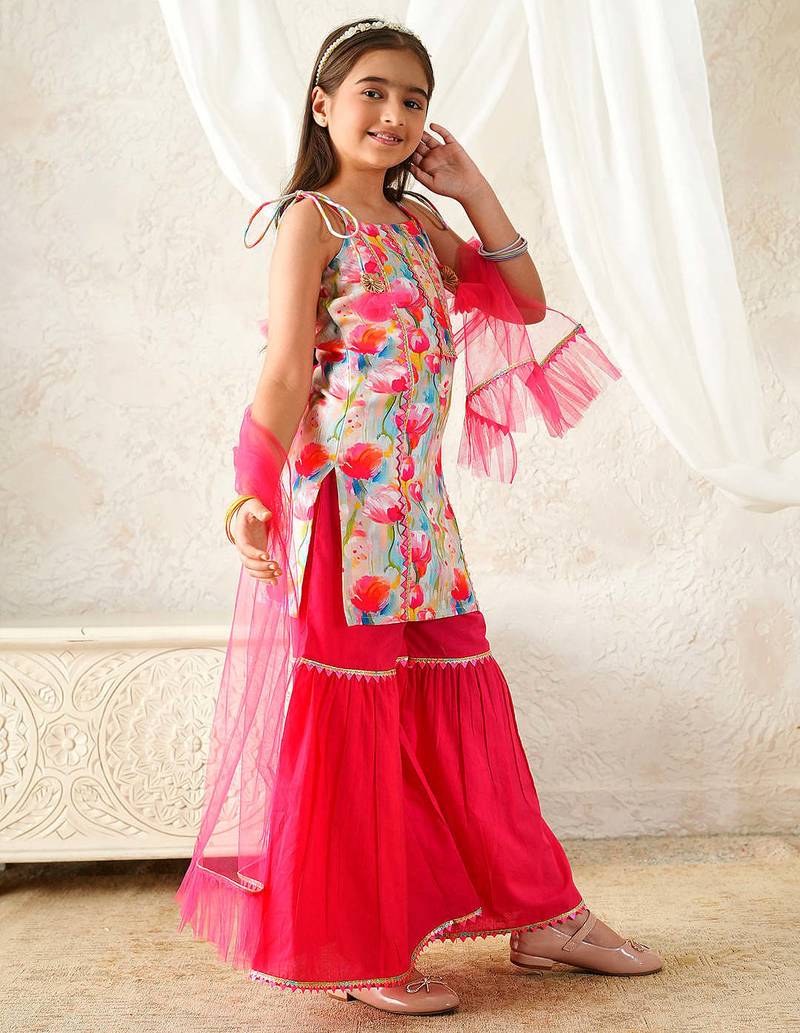 girls kurta & sharara with dupatta (sha-pinkmuslin)