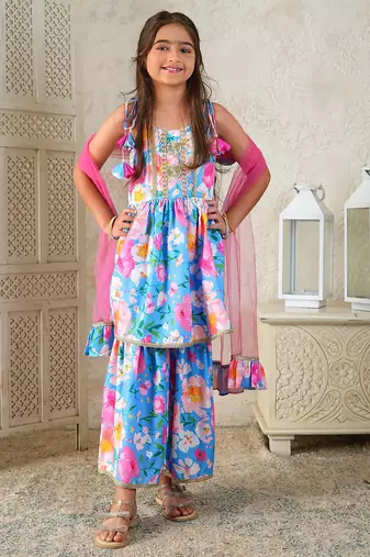 girls kurta & sharara with dupatta (sha-skybluemuslin)