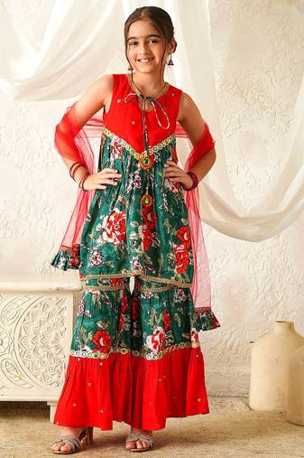girls kurta & sharara with dupatta (sha-redgreenmirror)
