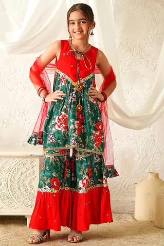 girls kurta & sharara with dupatta (sha-redgreenmirror)