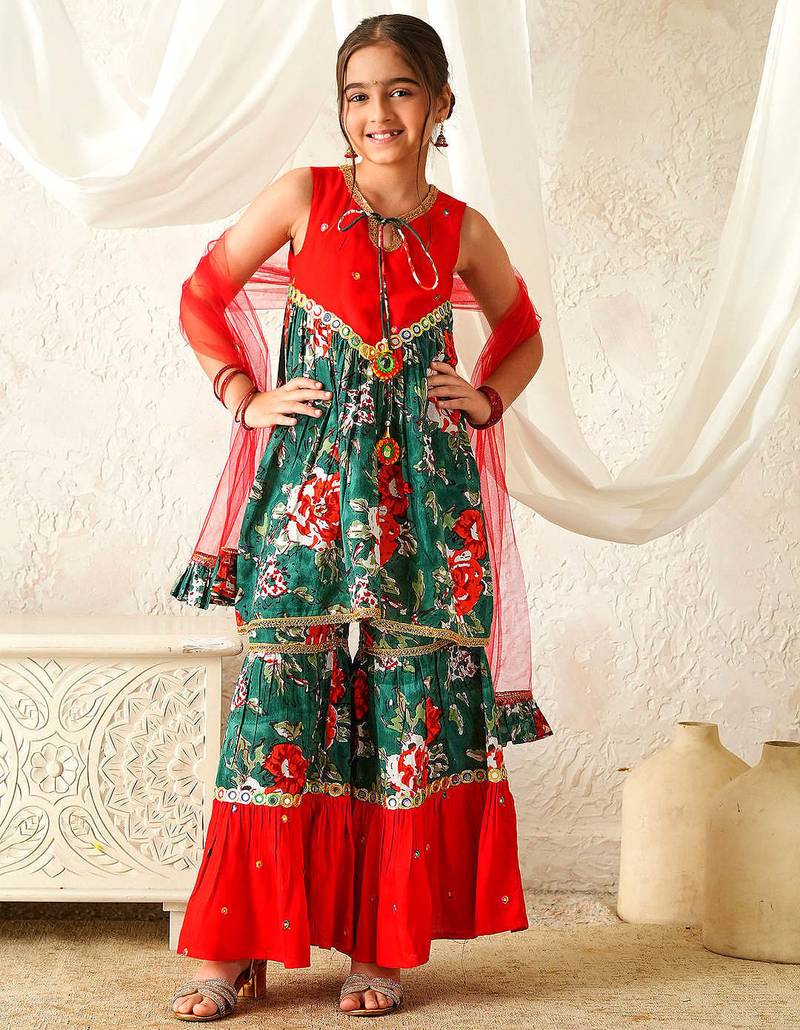 girls kurta & sharara with dupatta (sha-redgreenmirror)