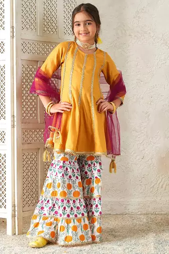 girls kurta & sharara with dupatta (sha-mustardrayon)