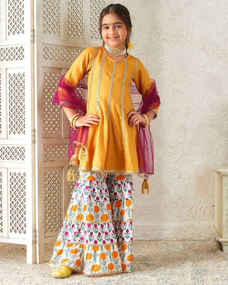 girls kurta & sharara with dupatta (sha-mustardrayon)