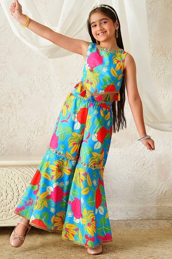 girls kurta & sharara with dupatta (sha-bluemuslin)