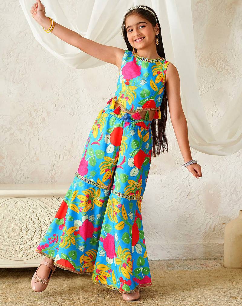 girls kurta & sharara with dupatta (sha-bluemuslin)