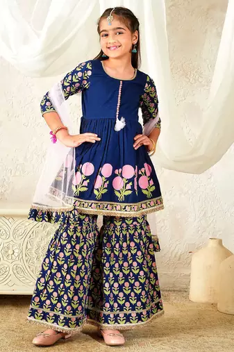 girls kurta & sharara with dupatta (sha-navyblcambric)