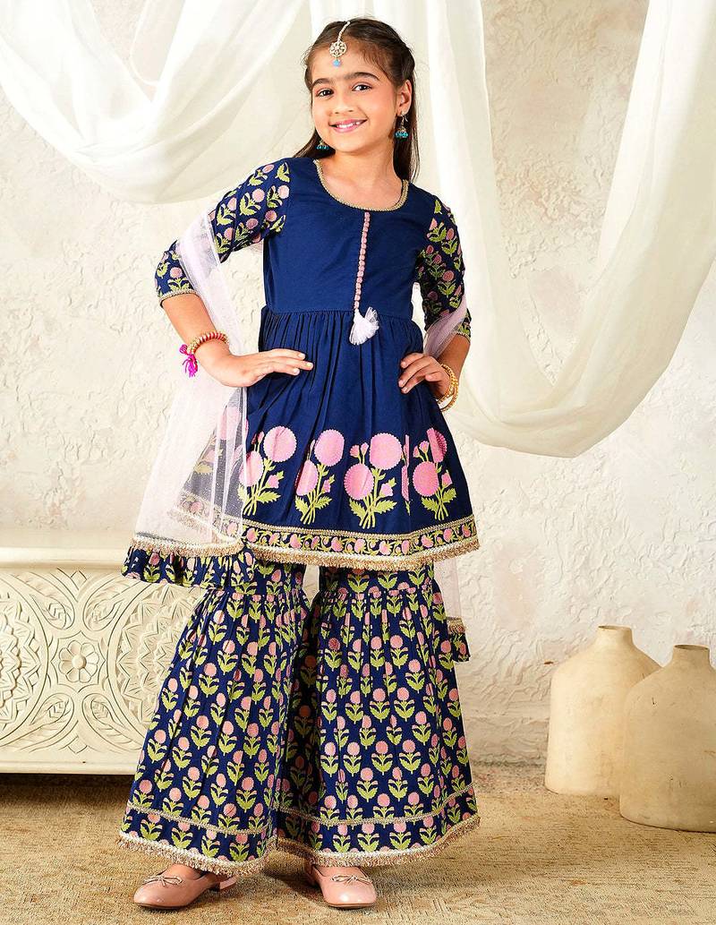 girls kurta & sharara with dupatta (sha-navyblcambric)