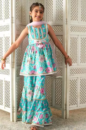 girls floral layered kurta & sharara with dupatta (sha-bluecambric)