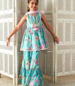 girls floral layered kurta & sharara with dupatta (sha-bluecambric)