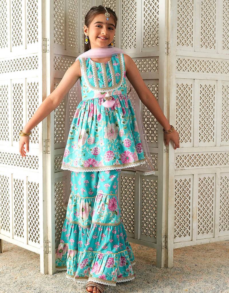 girls floral layered kurta & sharara with dupatta (sha-bluecambric)