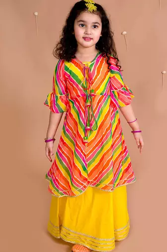 girls yellow & orange geometric printed bell sleeves kurta (iw-leheriyaggt)
