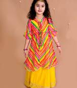 girls yellow & orange geometric printed bell sleeves kurta (iw-leheriyaggt)