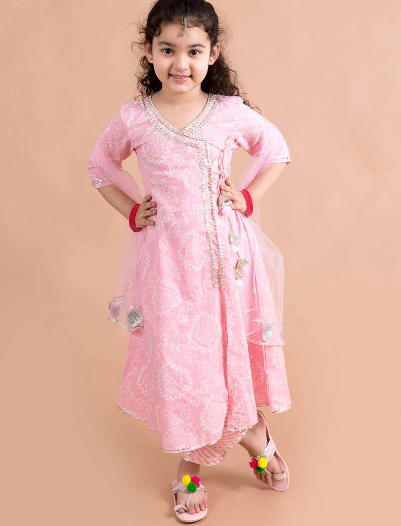 girls pink printed angrakha pure cotton kurta set (ks-angrakhapink)