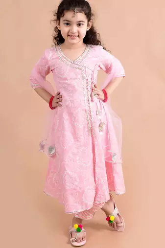 girls pink printed angrakha pure cotton kurta set (ks-angrakhapink)