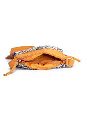 mustard canvas sling bag with geometric design 7