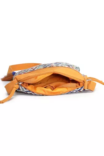 mustard canvas sling bag with geometric design