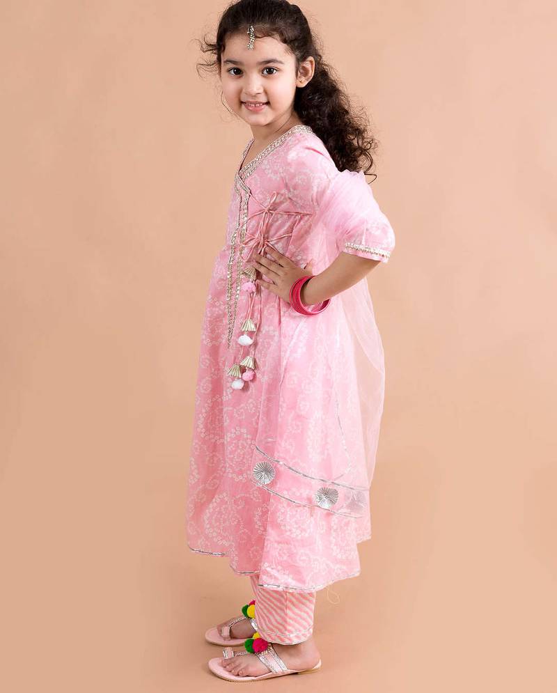 girls pink printed angrakha pure cotton kurta set (ks-angrakhapink)