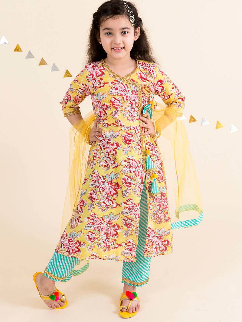 girls yellow floral printed angrakha pure cotton kurta with trousers & with dupatta (ks-yellowjaal)
