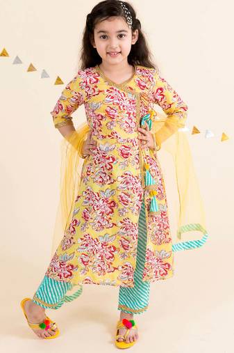 girls yellow floral printed angrakha pure cotton kurta with trousers & with dupatta (ks-yellowjaal)
