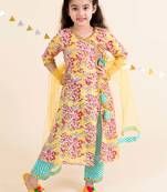 girls yellow floral printed angrakha pure cotton kurta with trousers & with dupatta (ks-yellowjaal)