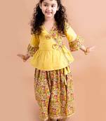 girls mustard yellow floral printed angrakha pure cotton kurti with palazzos (iw-floralmustard)